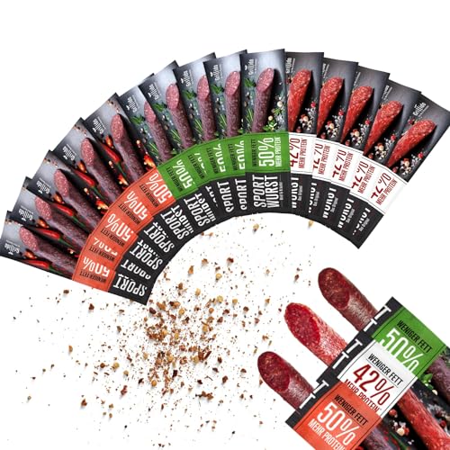 Grillido 15x Low Fat Sport Wurst Mix 300g mit 42% mehr Protein - Snack Salami, Beef jerky, Wurstpaket, Würstchen, Trockenfleisch
